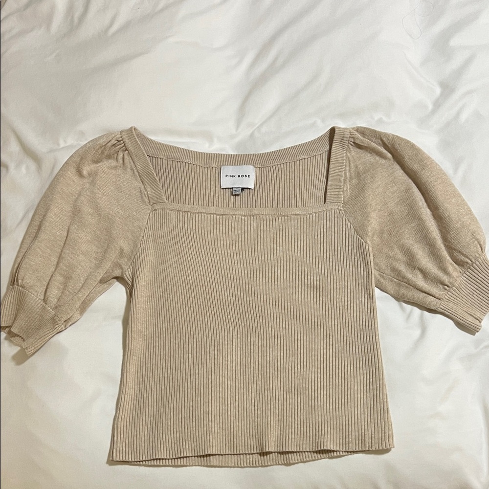 Pink Rose Beige Ribbed Blouse with Puff Sleeves